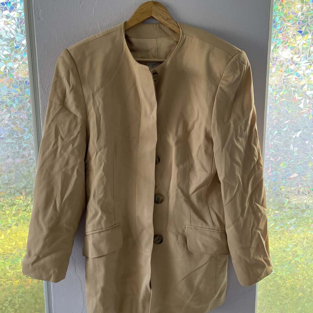 Vintage Tan Collarless Blazer Jacket with Pockets